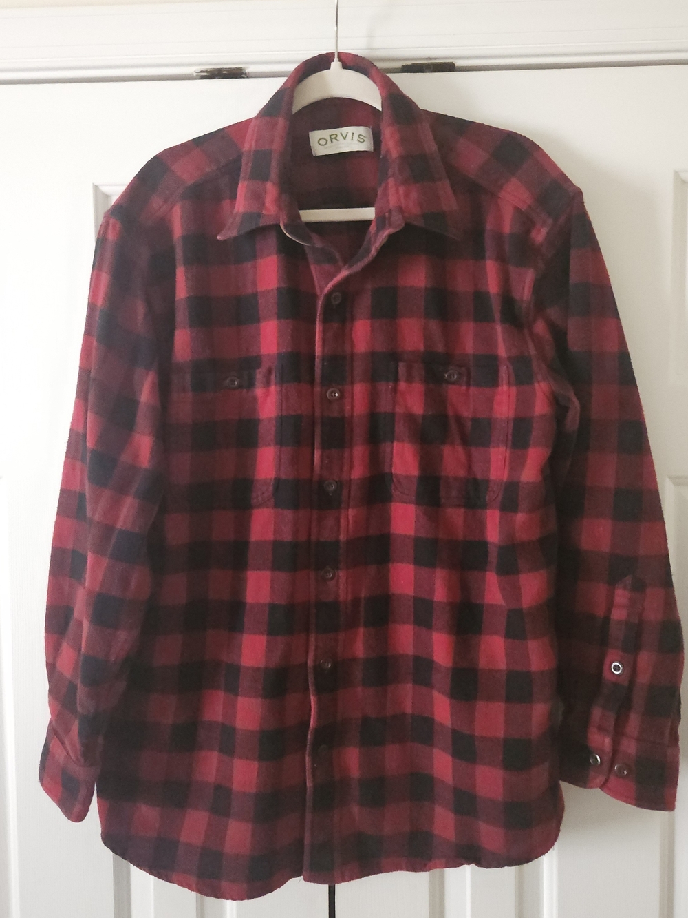 Orvis Men's L Red/Black Plaid Cotton Flannel Button-Up Long Sleeve Pockets